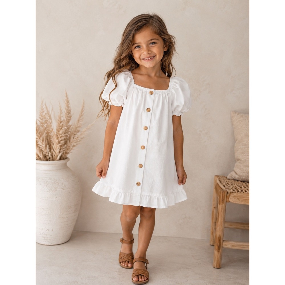 Girls‎ 100% Cotton White Puff Sleeve Button Ruffle Dress S13/14 Coquette Boho
